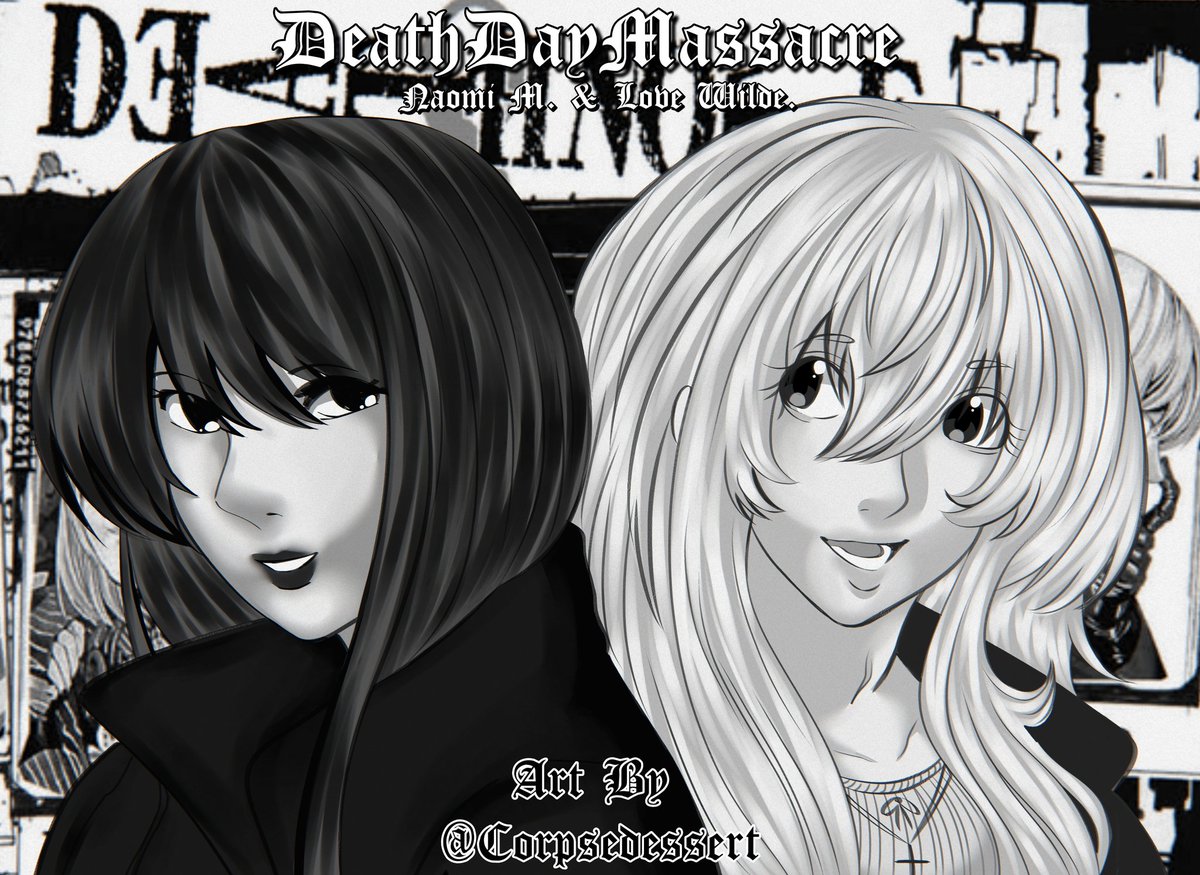CORPSEDESSERT's tweet photo. DEATHDAYMASSACRE! #DEATHNOTE #lovewilde #yumisona #oc #naomimisora #labbmc #deathnoteanothernote #beyondbirthday #rayepenber #naomiandlove https://t.co/indYeUjCIm