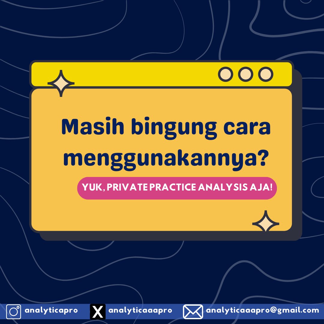 AnalyticaaaPro's tweet photo. Kalau kamu masih bingung harus mulai dari mana atau cara pakainya gimana, tenang aja. Kamu bisa belajar langsung bareng kami lewat program Private Practice Analysis. Di sini kamu bakal dibimbing step-by-step sampai paham dan bisa praktik sendiri. https://t.co/nyXTcLceYM