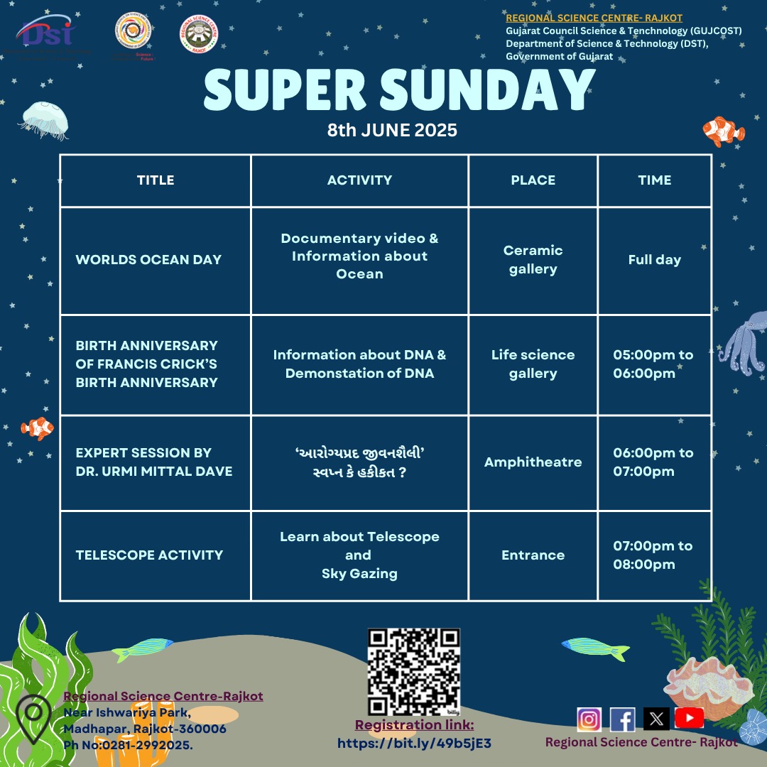 RSCRajkot's tweet photo. "JOIN NOW! RSC Rajkot's Super Sunday (8th June) explores Ocean Wonders! 🌊 Watch documentary videos, learn about ocean ecosystems &amp; DNA demonstration! Plus, Expert session by Dr. Urmi Mittal Dave &amp; Telescope activity! 🔭 Register now! #SuperSunday #OceanAwareness" https://t.co/rH2eWNgw3f