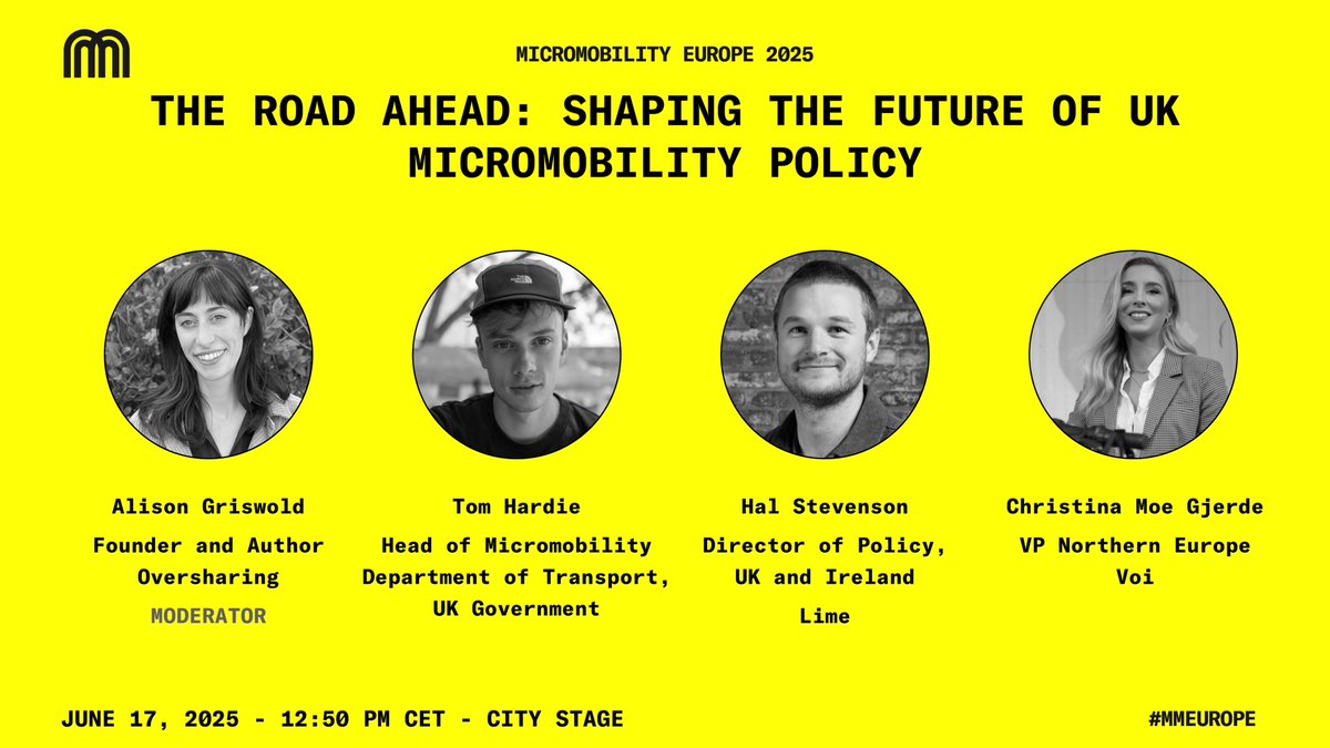 🇬🇧 Interested in UK micromobility policy? Don’t miss this powerhouse panel at Micromobility Europe:

The Road Ahead: Shaping the Future of UK Micromobility Policy

🗓️ June 17
📍 City Stage
🎙️ <a href="/alisongriswold/">Ali Griswold</a>, Tom Hardie (<a href="/transportgovuk/">Department for Transport</a>), Hal Stevenson (<a href="/limebike/">Lime</a>), Christina
