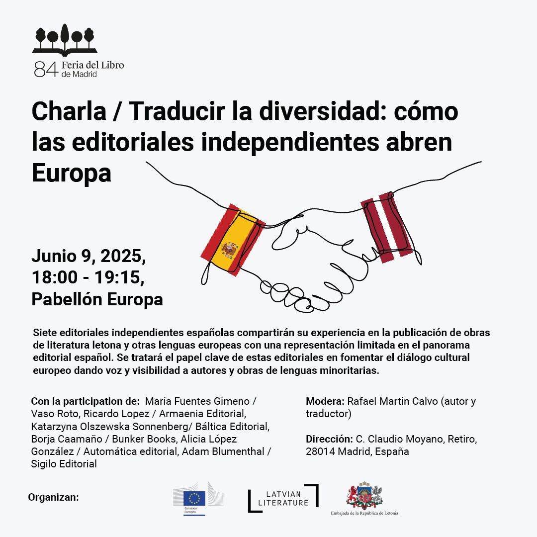Latvia in Spain | #StandWithUkraine (@lvenespana) on Twitter photo 📚 ¡Te invitamos a la charla “Traducir la diversidad” el 9/06 en la Feria del Libro de Madrid! 🇱🇻🇪🇸 #FLMadrid25 #PabellónEuropa <a href="/LV_Literature/">Latvian Literature</a> <a href="/ComisionEuropea/">Comisión Europea en España</a> <a href="/FLMadrid/">Feria del Libro de Madrid</a> 📚 ¡Te invitamos a la charla “Traducir la diversidad” el 9/06 en la Feria del Libro de Madrid! 🇱🇻🇪🇸 #FLMadrid25 #PabellónEuropa <a href="/LV_Literature/">Latvian Literature</a> <a href="/ComisionEuropea/">Comisión Europea en España</a> <a href="/FLMadrid/">Feria del Libro de Madrid</a>