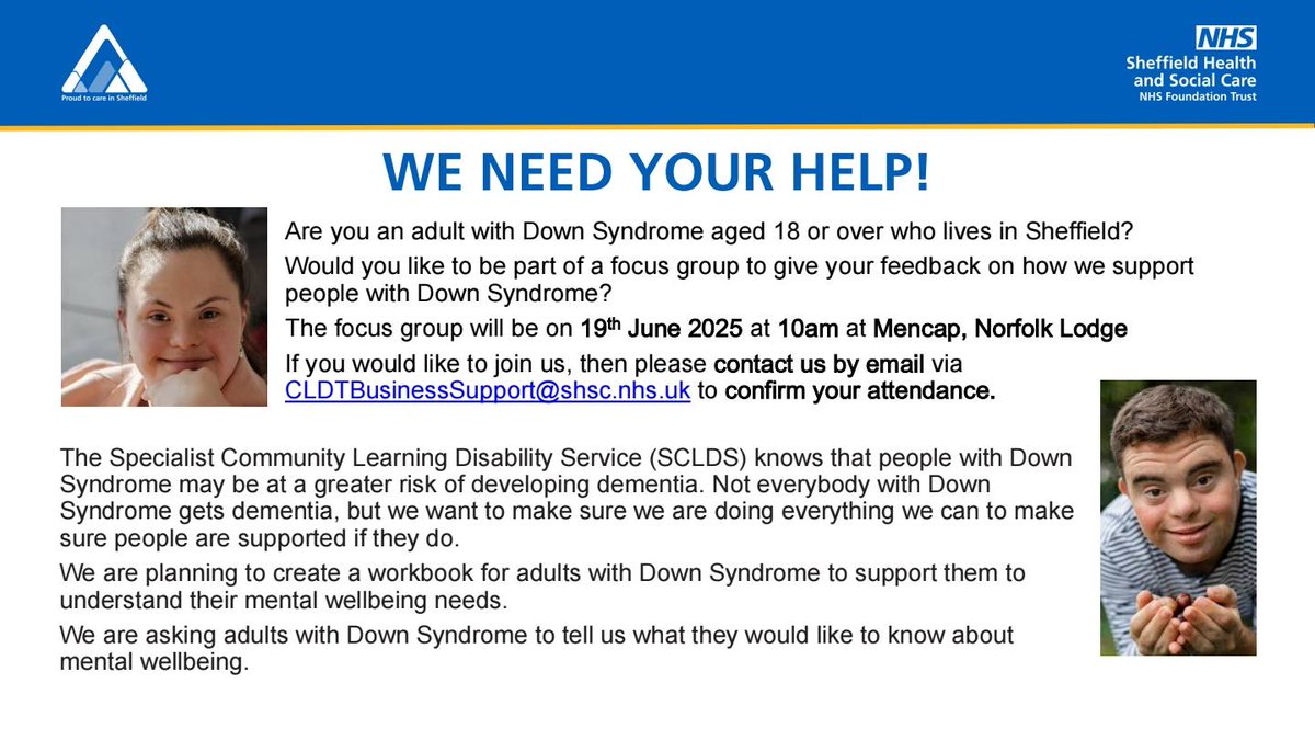 FREE sessions open to anyone with Down syndrome ✨

A plan to create a workbook for adults with Down Syndrome to support them to understand their mental well-being needs.

• 12th June 2025 at 10am, Mencap, Norfolk Lodge
• 19th June 2025 at 10am, Mencap, Norfolk Lodge