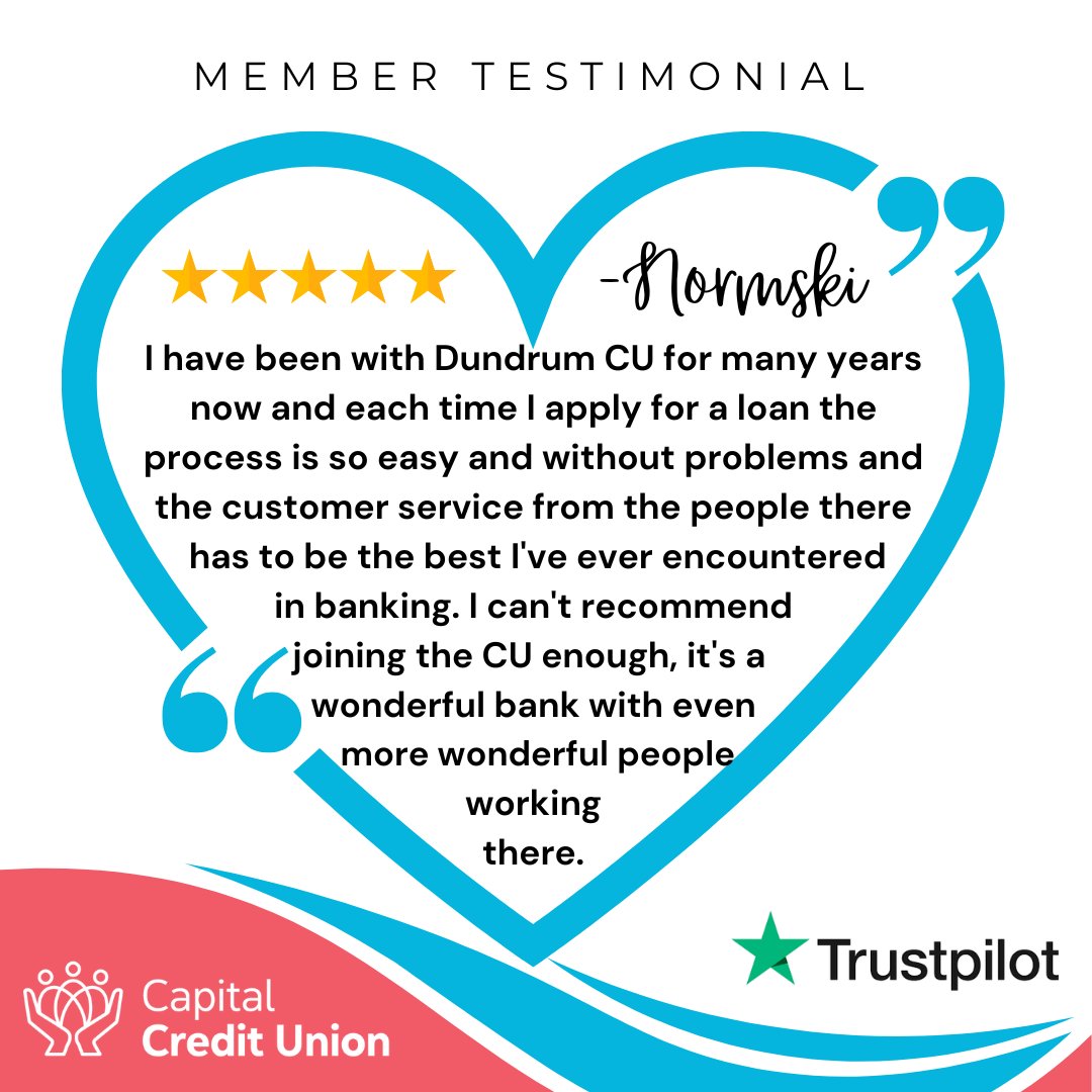 We’re so grateful for your wonderful feedback! ❤️ It means the world to us knowing that our team has made your experience with Dundrum CU smooth and enjoyable. Thank you for trusting us and for being such a valued member—we’re lucky to have you! 😊
 #CapitalCreditUnion #capitalCU