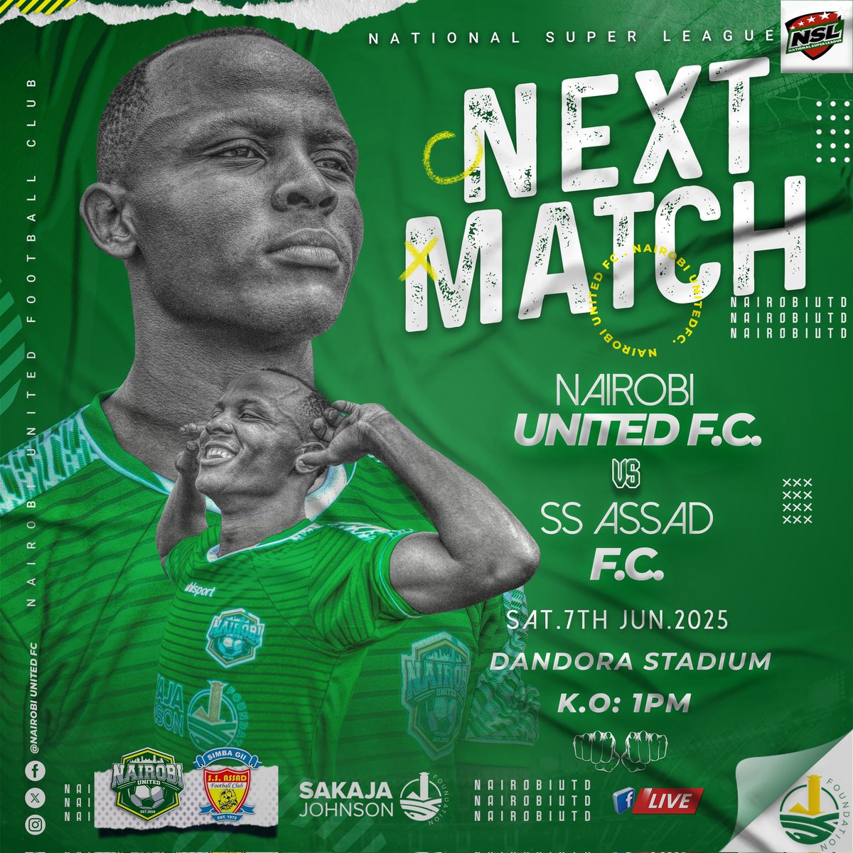 🟡🟢 𝐍𝐞𝐱𝐭 𝐅𝐢𝐱𝐭𝐮𝐫𝐞 🟢🟡
This Saturday at 1PM, We host SS Assad FC at Dandora Stadium. 

Come let's rally behind the Bois as they make history👊👊

#lazimaiwork 
#WeAreNairobiUnited 
#NaiBois 
#NaiGeng