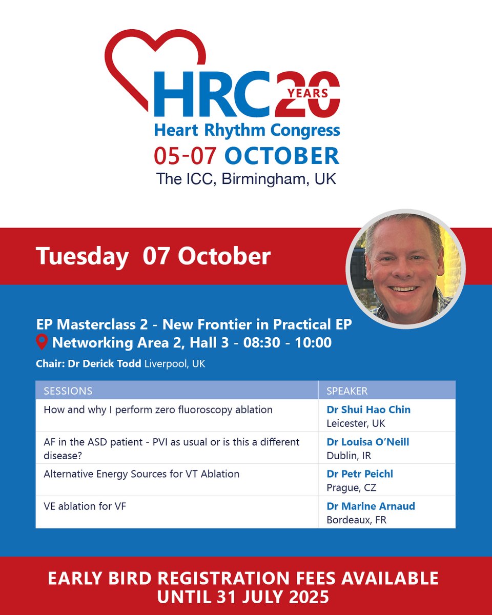 Heart Rhythm Congress (@heartrhythmcong) on Twitter photo Join our panel of experts on the Tuesday of #HRC2025 for the second of our EP Masterclasses. Will this be on your agenda to attend?
🗓️Tues 07 Oct
🕣08:30-10:00
📍Networking Area 2 <a href="/ICC_Birmingham/">The ICC Birmingham</a>
➡️Learn more and register here - heartrhythmcongress.org Join our panel of experts on the Tuesday of #HRC2025 for the second of our EP Masterclasses. Will this be on your agenda to attend?
🗓️Tues 07 Oct
🕣08:30-10:00
📍Networking Area 2 <a href="/ICC_Birmingham/">The ICC Birmingham</a>
➡️Learn more and register here - heartrhythmcongress.org