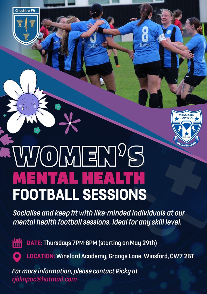 Cheshire_FA's tweet photo. .@WinsfordTownFC are launching women’s mental health football sessions this summer.

Head over to Winsford Academy (CW7 2BT) on Thursday evenings to get involved. 

Open to women of any skill level. 

Please email rjblinpac@hotmail.com for more information! https://t.co/0cmblLQezi