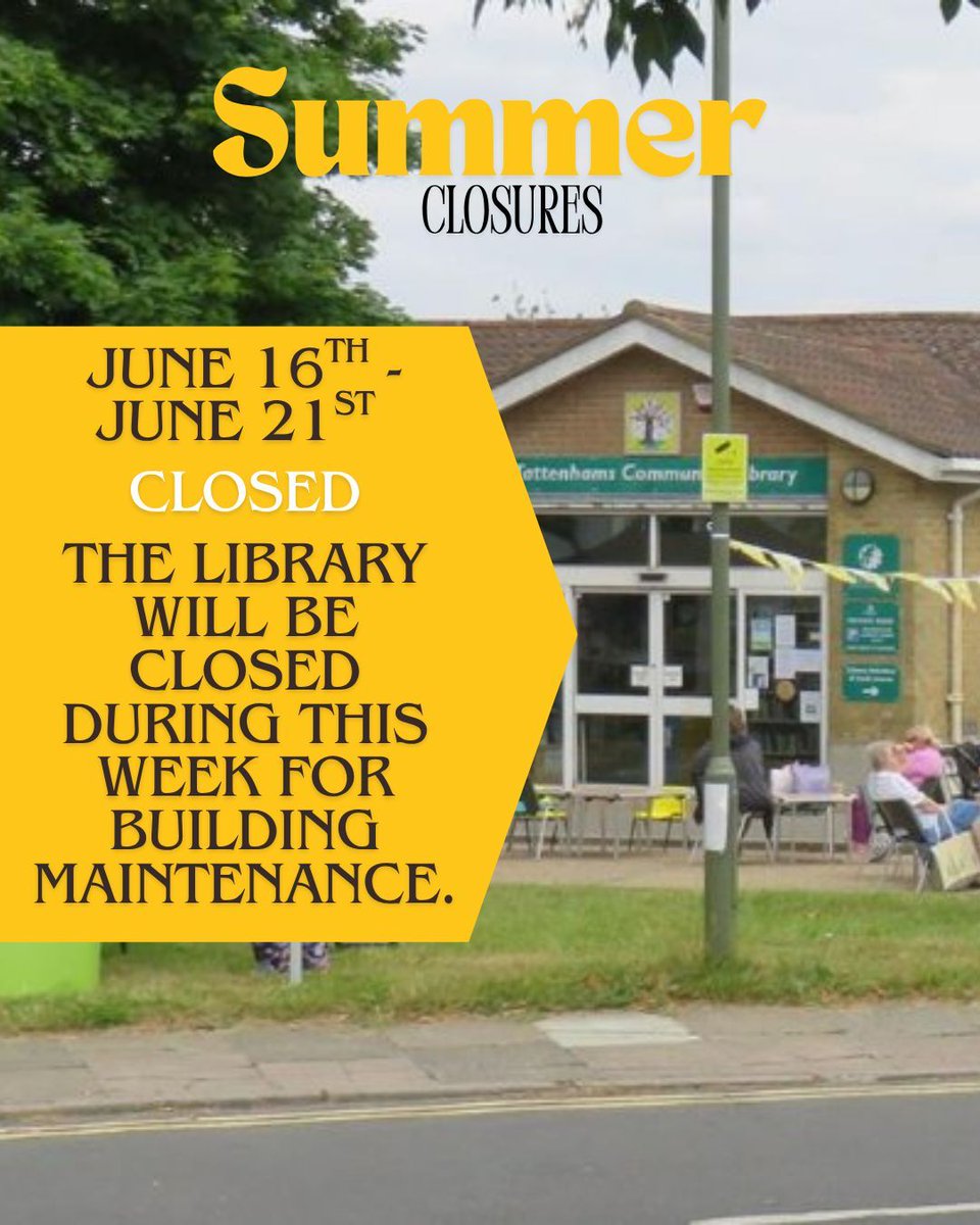 📣 The library will be closed for the week starting June 16th, through to June the 21st for required building maintenance.

We apologise for any inconvenience this may cause, and we look forward to reopening after all the necessary work has concluded!

#Surrey #Library