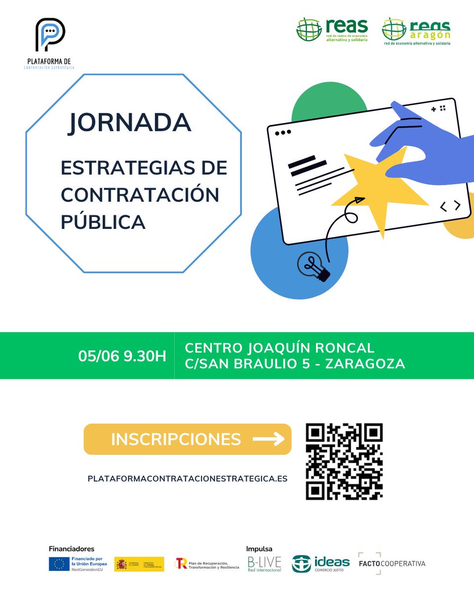 Demà no us podeu perdre la 🚨JORNADA D'ESTRATÈGIES DE CONTRACTACIÓ PÚBLICA

📅 Quan: Dijous, 5 de juny | 🕘 Horari: 9:30 - 12:00 h
👉 Format Híbrid
🏛 Presencial: Centre Joaquim Roncal, Saragossa
🎯 Inscripció: forms.gle/iKf32skoTwzJWh…