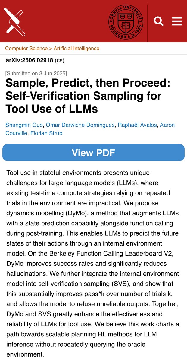 ShangminGuo's tweet photo. 📢After months of work, I can finally share our latest research, couldn’t be more thrilled and excited. 🎉

We unify a policy 🤖 and a world model 🌍 into a single LLM, thus no external dynamics model needed!

Why does this matter? Because now, the policy can plan based on its internal world model!

And this planning boosts tool-use success rates to >90%, on top of SFT + RL.

📄: https://t.co/5z72BwWnGT

🧵[1/8]