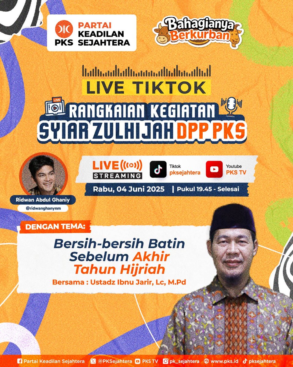 Yuk ah, jangan cuma memori gdrive dan memori lama aja yang dibersihin tapi juga batin kita perlu juga untuk di bersihkan. Saksikan kembali Syiar Zulhijah “Bersih-Bersih Batin Sebelum Akhir Tahun Hijriah”

Rabu, 4 Juni 2025
Pukul 19.45 
Live Tiktok @pksejahtera dan YouTube PKSTV