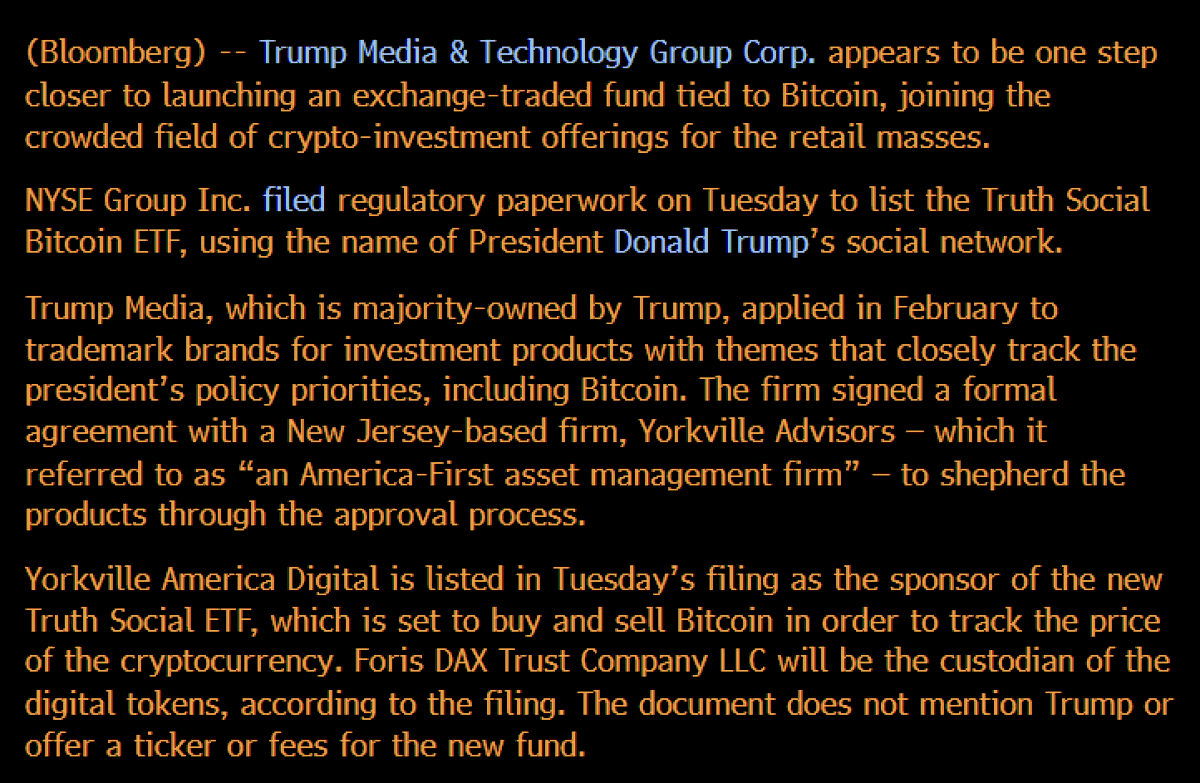 Eric Balchunas (@ericbalchunas) on Twitter photo ICYMI details on the Truth Social Bitcoin ETF filing from <a href="/VildanaHajric/">Vildana Hajric</a>. My take: On one hand, unchartered territory bc its POTUS-linked company, but on other it's a late to the party filing in crowded category where multiple ETFs already are super cheap/liquid. Will be really ICYMI details on the Truth Social Bitcoin ETF filing from <a href="/VildanaHajric/">Vildana Hajric</a>. My take: On one hand, unchartered territory bc its POTUS-linked company, but on other it's a late to the party filing in crowded category where multiple ETFs already are super cheap/liquid. Will be really