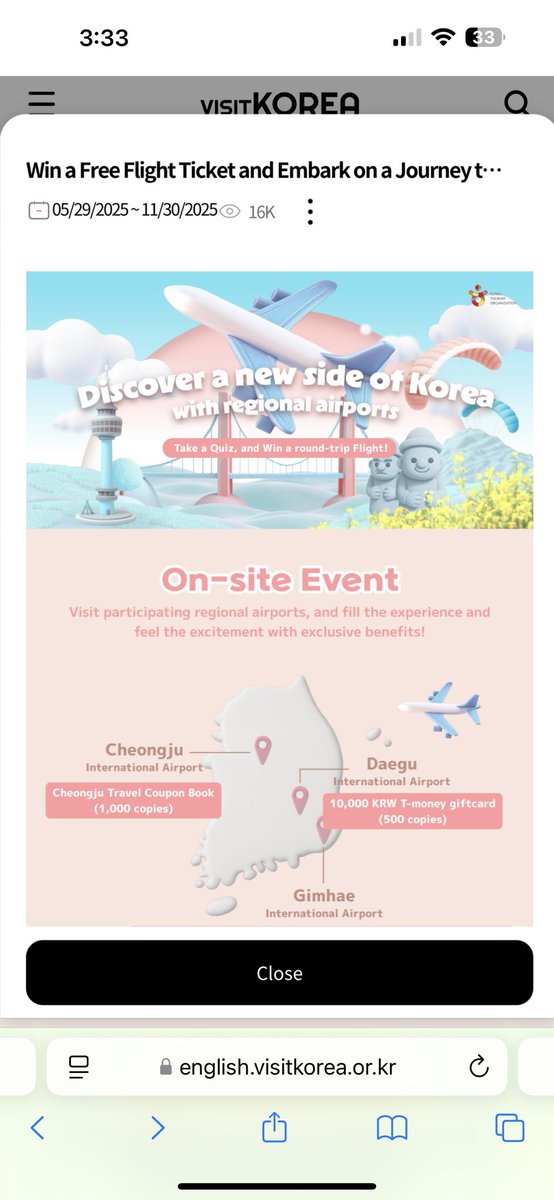 jinyoungluvu's tweet photo. ✈️ Fly Beyond Seoul!
Discover hidden gems of Korea with regional airports 🌸
🎉 Take a quick quiz &amp; win a round-trip flight! https://t.co/eIYLFWk0VQ