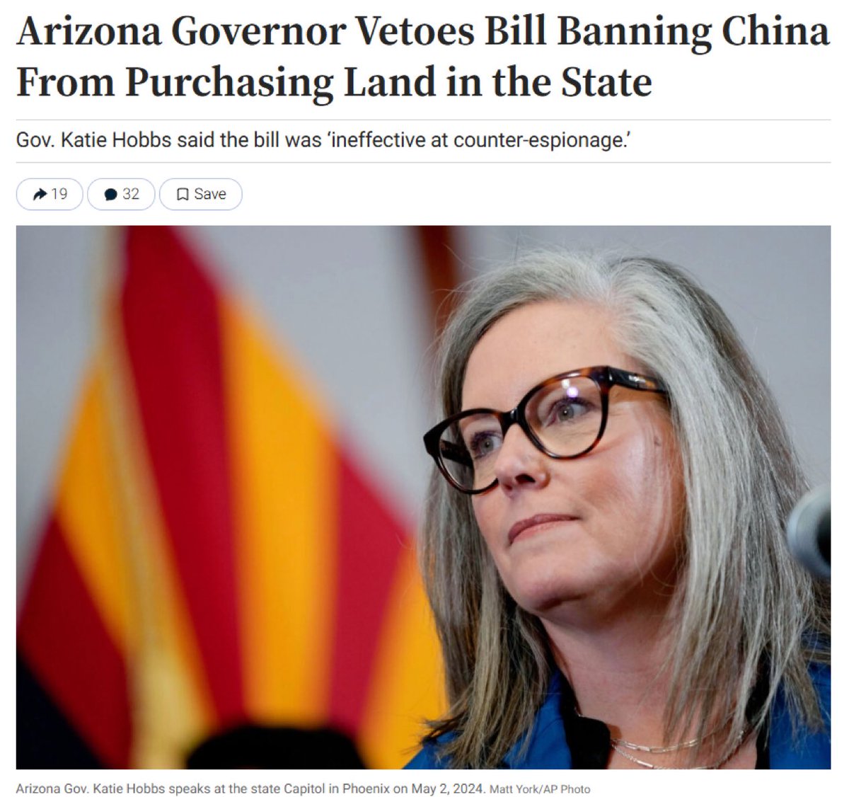 🚨 WTF? Arizona Governor Katie Hobbs has vetoed a bill that would’ve banned China from buying Arizona land next to U.S. Military bases