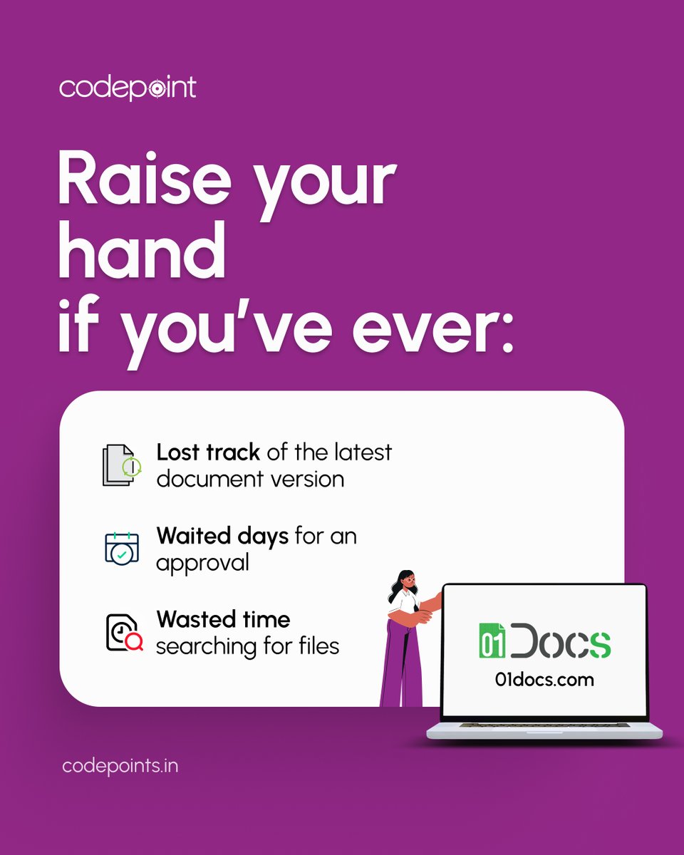 Codepoint_Sfw's tweet image. Tired of document chaos?
If you’ve ever:
✋Lost track of the latest document version
✋Waited days for an approval
✋Spent hours searching for files
It’s not your fault—it’s the system.
🚀Ready to upgrade your digital workplace? Start with 01Docs.
#DocumentManagement #CODEPOINT