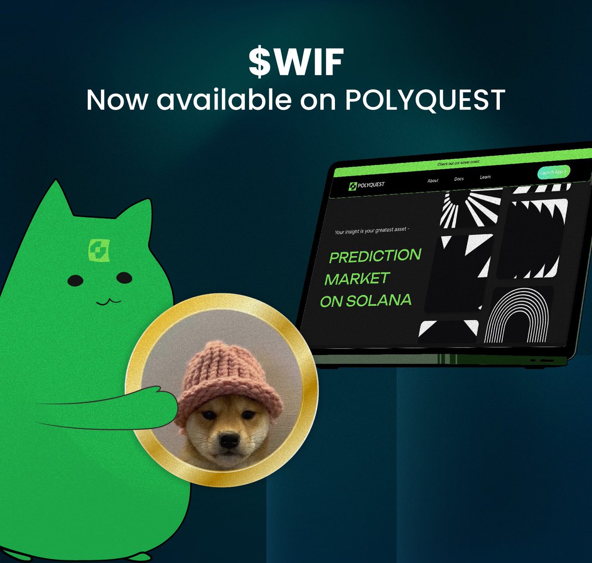 PolyquestSOL's tweet photo. dogwifPOLYQUEST is live!
@dogwifcoin, one of Solanaโs most iconic memecoins with a Shiba in a pink hat leading the charge
Predictions using $WIF are coming!
#POLYQUEST #PredictionMarket #Solana #SOON https://t.co/TXHNgWDW2w