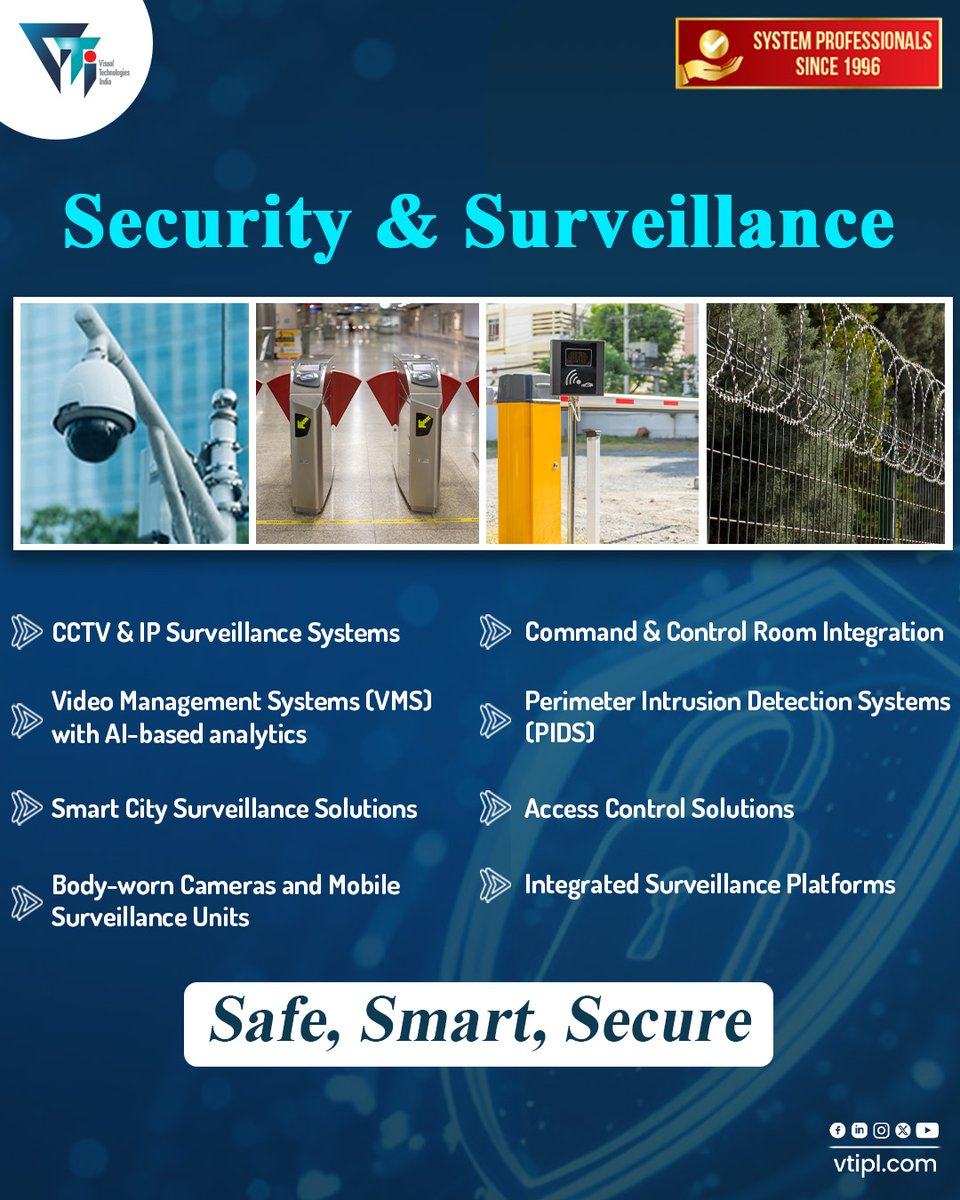 Security that Thinks Ahead!
Stay Safe, Smart &amp; Secure with our cutting-edge surveillance solutions

#SurveillanceSolutions #SecurityTech #SafeCity #SmartSurveillance #PIDS #CCTVIndia #SecuritySolutions #CCTVSystems #SmartCitySurveillance #AccessControl #VTIPL #OurSolutions
