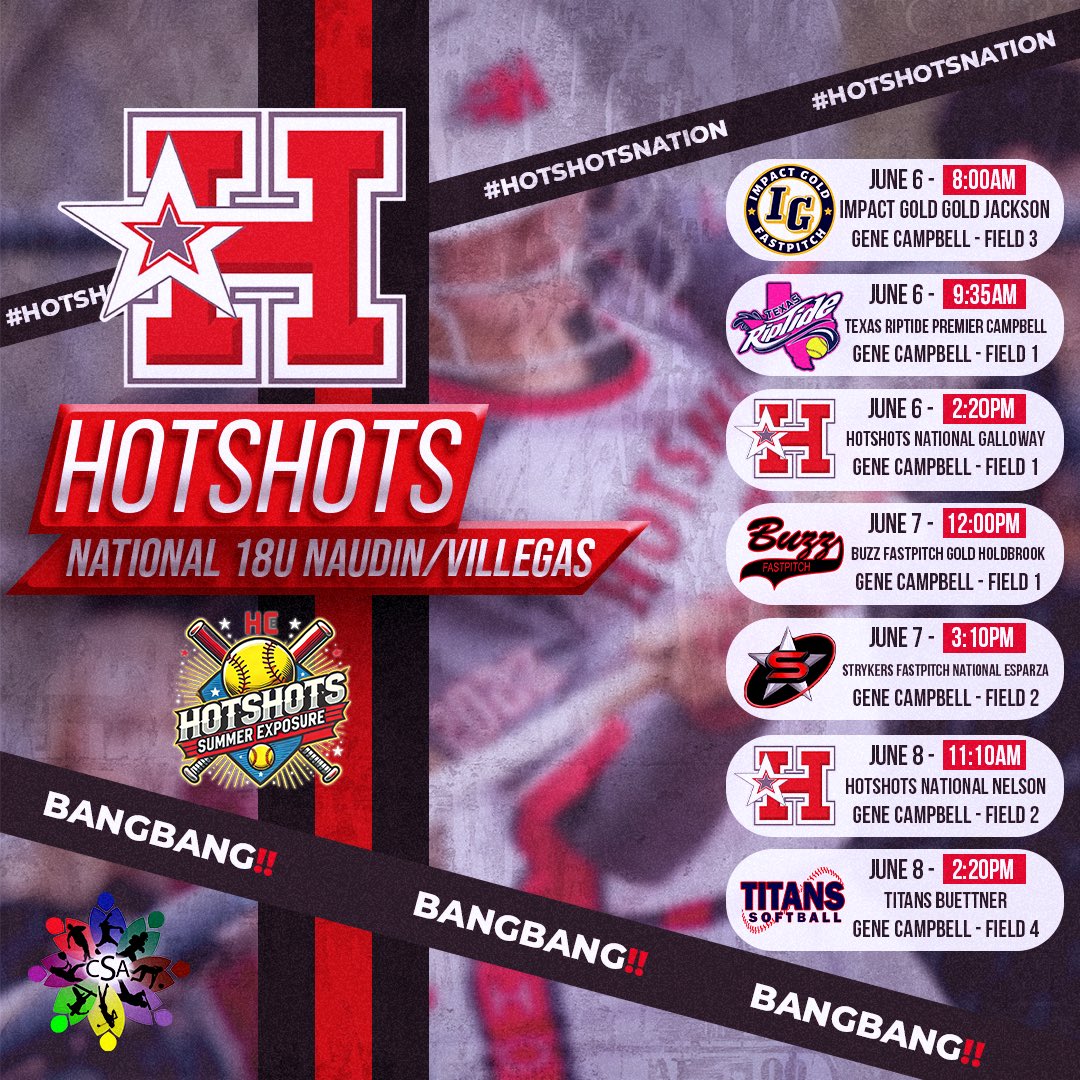 Hotshots Naudin 18u National Villegas (@hotshndnatvil07) on Twitter photo Our schedule for this weekend at the <a href="/hotshotsnation/">Hotshots Fastpitch</a> Summer Exposure in Conroe, TX
#bangbang
#LND
#TeamCSA
<a href="/ednaudin/">Ed Naudin</a> <a href="/CSA_Athletes/">Collegiate Sports Advocate (CSA)</a> <a href="/CoachJonErik/">Jon Erik Villegas</a> <a href="/Mike_P_Zimmer/">Mike Zimmer</a> <a href="/barrett_brent/">Brent Barrett</a> <a href="/HotshotsNaudin/">Hotshots Naudin</a> Our schedule for this weekend at the <a href="/hotshotsnation/">Hotshots Fastpitch</a> Summer Exposure in Conroe, TX
#bangbang
#LND
#TeamCSA
<a href="/ednaudin/">Ed Naudin</a> <a href="/CSA_Athletes/">Collegiate Sports Advocate (CSA)</a> <a href="/CoachJonErik/">Jon Erik Villegas</a> <a href="/Mike_P_Zimmer/">Mike Zimmer</a> <a href="/barrett_brent/">Brent Barrett</a> <a href="/HotshotsNaudin/">Hotshots Naudin</a>