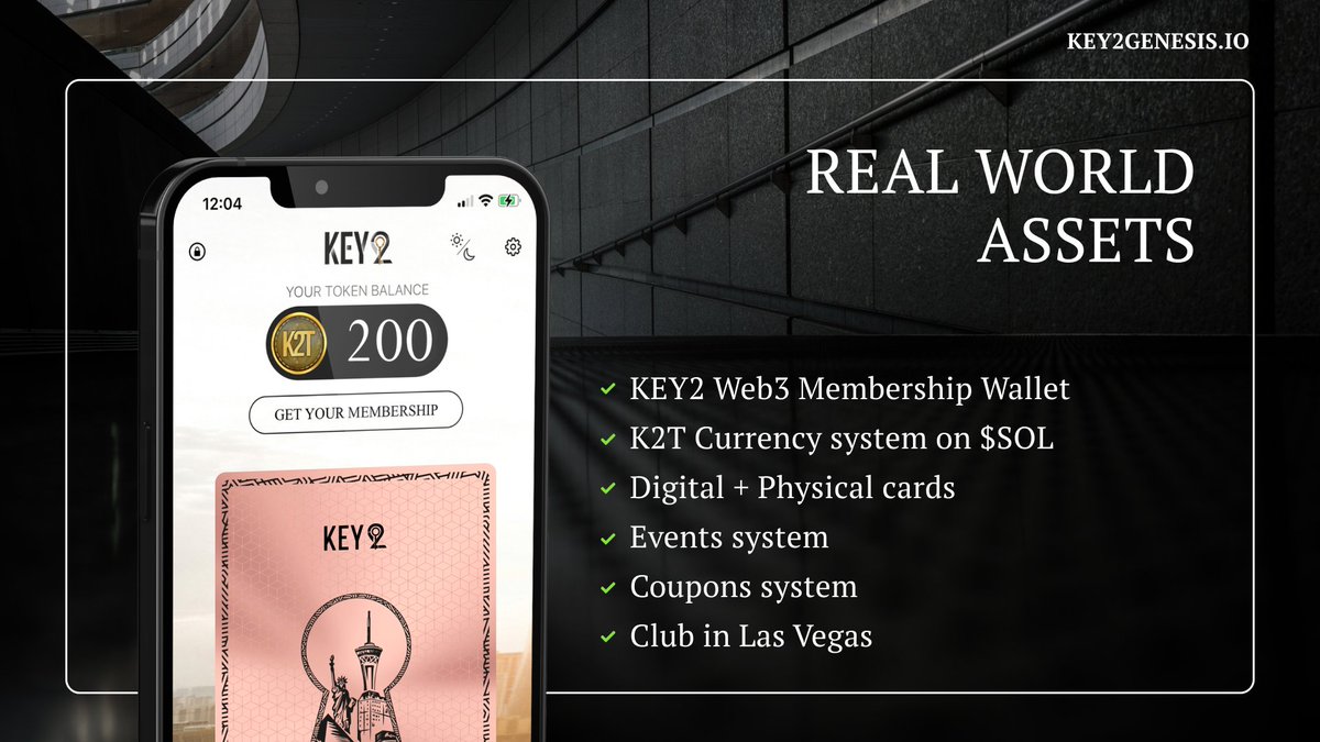 The future of RWA is now.

✔️ Web3 Wallet
✔️ $K2T currency on Solana
✔️ Digital &amp; Physical Cards
✔️ Real Las Vegas Club
✔️ Events + Coupon System

👉 Key2 is real world ready.
