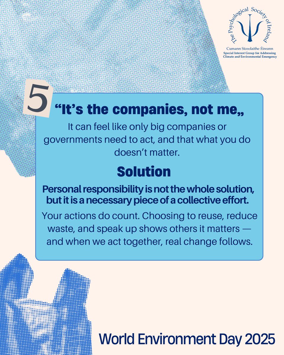 Psychological Society of Ireland (@psychsocireland) on Twitter photo Do any of these psychological barriers to eco-friendly behaviour sound familiar?
Read the latest blog post from <a href="/SIG_ACEE/">SIG Addressing Climate and Environmental Emergency</a> this #WorldEnvironmentDay, exploring plastic pollution and the psychology behind our habits and how to change them: bit.ly/3inui Do any of these psychological barriers to eco-friendly behaviour sound familiar?
Read the latest blog post from <a href="/SIG_ACEE/">SIG Addressing Climate and Environmental Emergency</a> this #WorldEnvironmentDay, exploring plastic pollution and the psychology behind our habits and how to change them: bit.ly/3inui