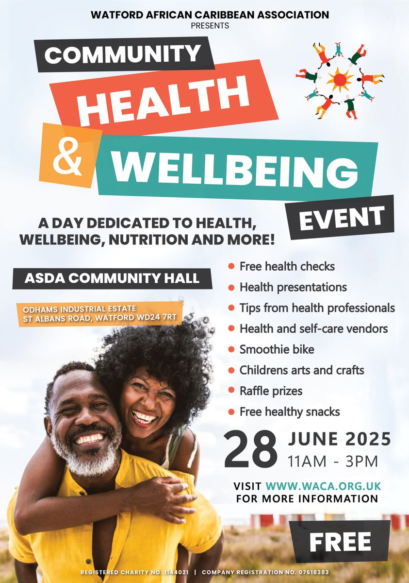 WACA COMMUNITY HEALTH AND WELLBEING EVENT - SATURDAY 28 JUNE 2025

WACA are excited to invite you to their free Community Health and Wellbeing Event on Saturday 28 June, from 11am-3pm at the Asda Community Space in Asda Watford

For more information, visit waca.org.uk
