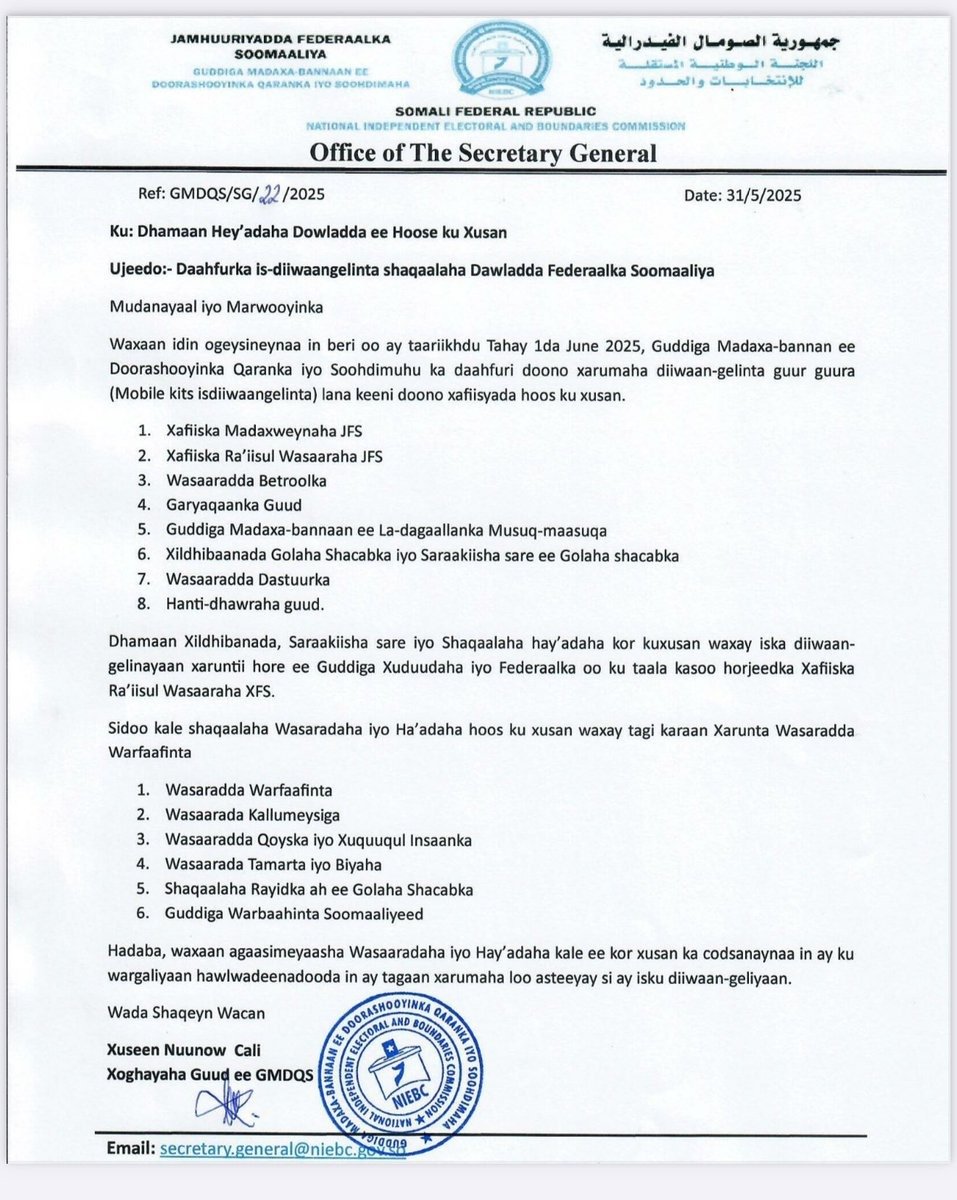 #BREAKING 

There are reports the Somali government is using coercive tactics to force residents of Mogadishu to register for HSM's so-called 'One-Person-One-Vote' (OPOV).

Heavily-armed security teams said compelling residents to go to registration centres .

On Tuesday,