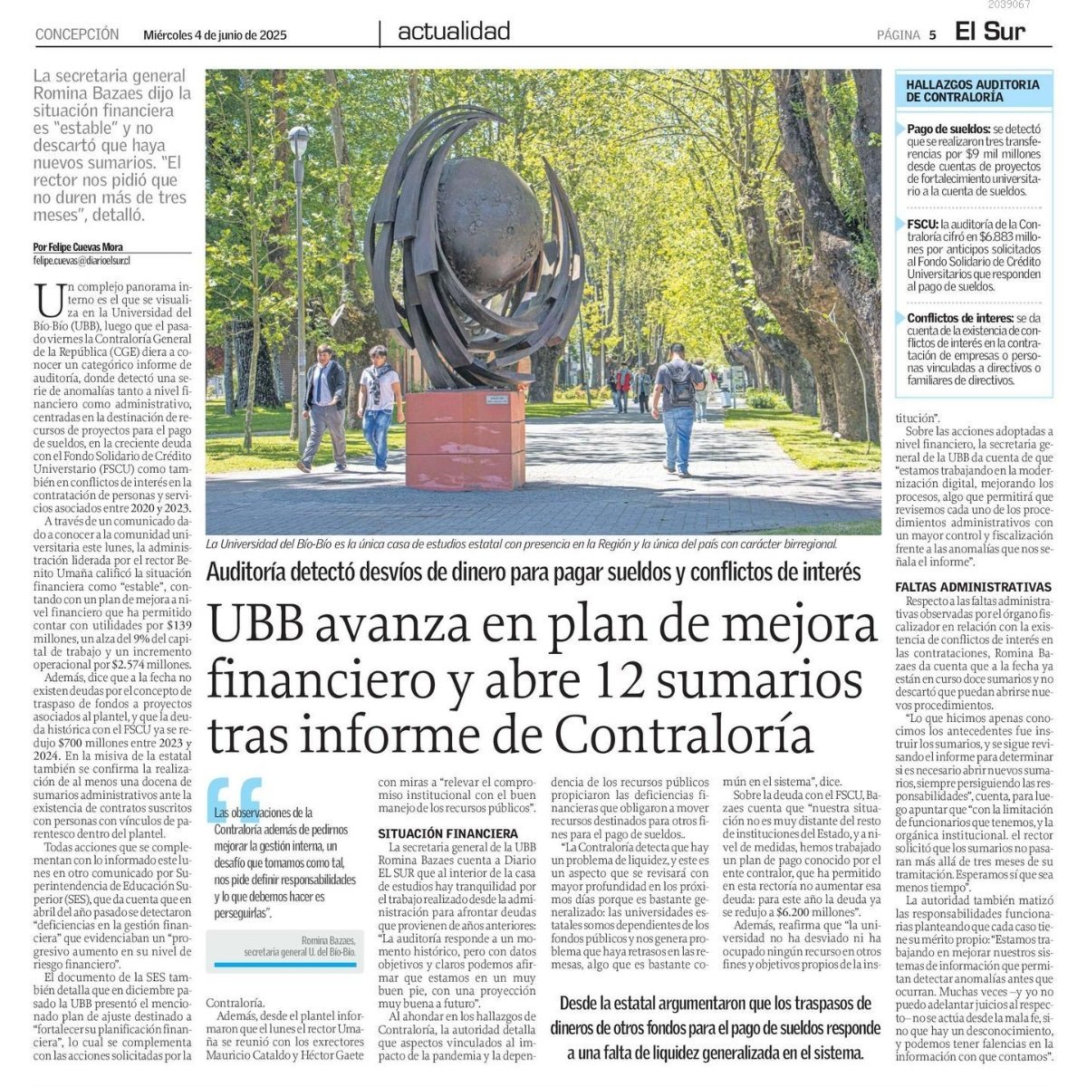 En <a href="/elsurcl/">Diario El Sur</a> de hoy, ahondamos con detalle en el panorama financiero y administrativo de la Universidad del Bío-Bío tras el categórico informe de la Contraloría. Detallan plan de mejora a nivel económico y una docena de sumarios por conflictos de interés 🗞️✅