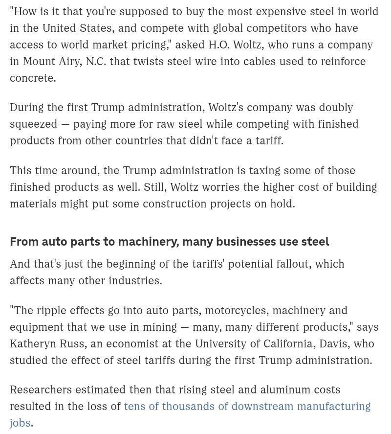 scottlincicome's tweet image. &quot;With steel tariffs doubling today, a North Carolina manufacturer wonders how to compete&quot; npr.org/2025/06/04/nx-…
&quot;for every steelworker in America, there are about 80 people working for companies that use steel. And their costs are about to go up.&quot;