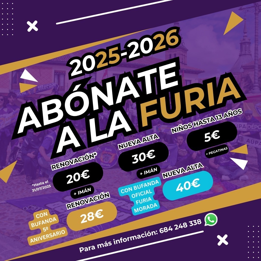 Furia Morada 1947 (@furiamorada1947) on Twitter photo 💰 DÍA DE PAGO 💰
Hoy a partir de las 19:30 estaremos en el Mesón La Vera (Plaza de Bailén) para todos aquellos interesados en apuntarse a la Furia Morada en esta ilusionante temporada 2025-26.
¿Un RT, <a href="/deporguada/">C.D. Guadalajara 🟣⚪️</a>? 😜 💰 DÍA DE PAGO 💰
Hoy a partir de las 19:30 estaremos en el Mesón La Vera (Plaza de Bailén) para todos aquellos interesados en apuntarse a la Furia Morada en esta ilusionante temporada 2025-26.
¿Un RT, <a href="/deporguada/">C.D. Guadalajara 🟣⚪️</a>? 😜