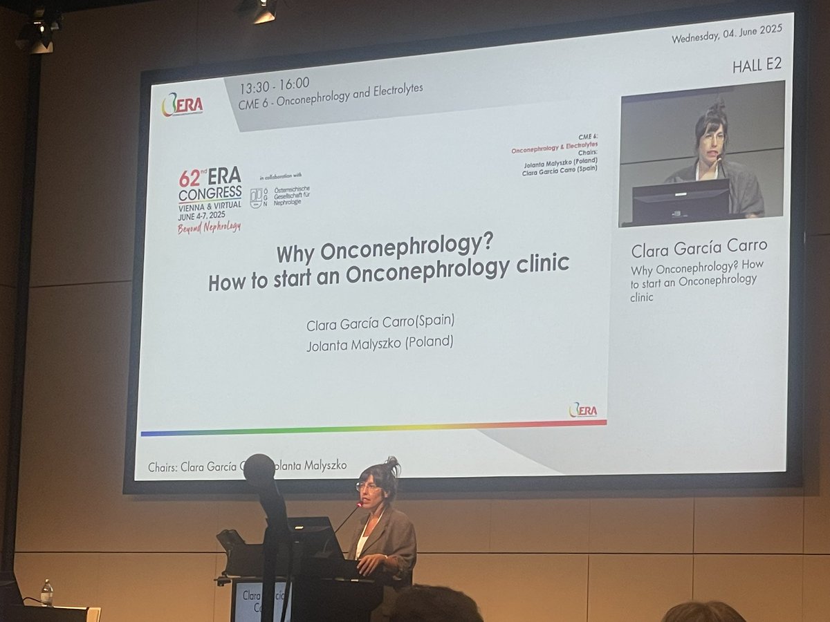 #ERA25 CME6: Why Onconephrology? How to start an Onconephrology clinic? (1/2)

👤Clara García Carro (Spain)
👤Jolanta Malyszko (Poland)

💡 relationship between cancer and CKD needs a more appropriate approach

💡 “Onconephrology is not just about kidney side effects from cancer
