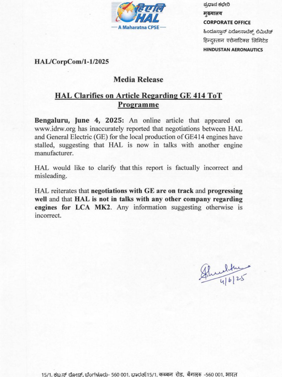 alpha_defense's tweet image. HAL Statement | Bengaluru, June 4, 2025 : An online article that appeared on idrw.org has inaccurately reported that negotiations between HAL and General Electric (GE) for the local production of GE-414 engines have 
stalled, suggesting that HAL is now in talks…