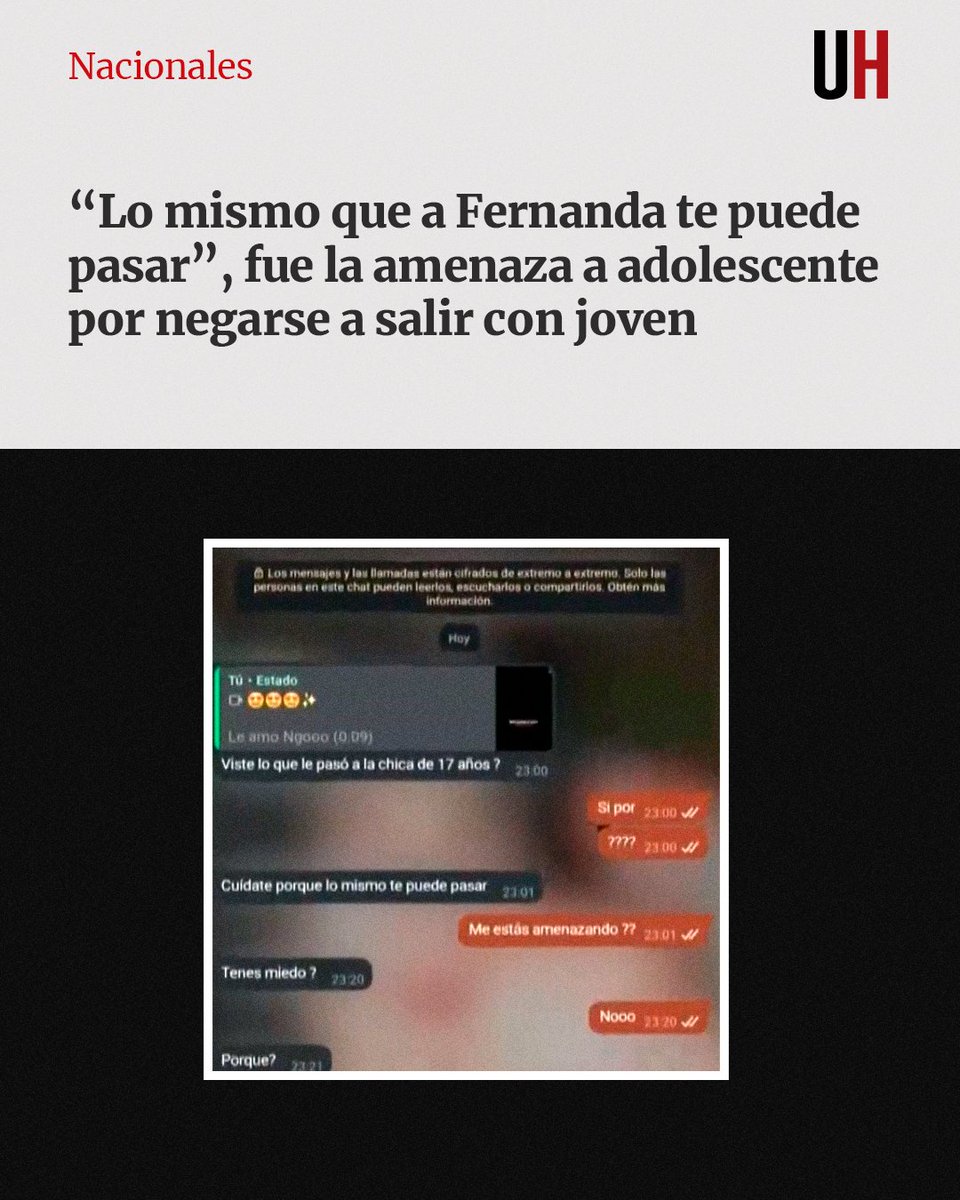 La madre de una adolescente de 16 años denunció la amenaza que recibió su hija por parte de un joven de 19 años, quien le insistía para ser novios. “Lo mismo que a Fernanda te puede pasar”, le escribió en la noche del lunes, pero la Fiscalía, de igual manera, no tomó la denuncia.