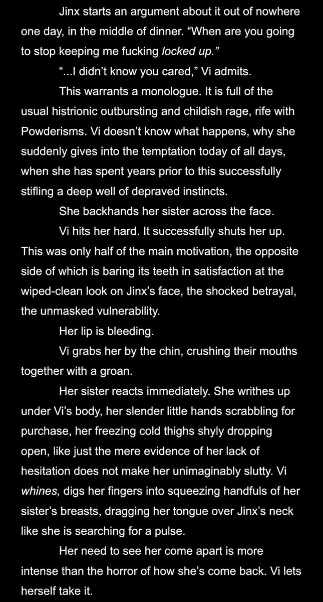 #darkvijinxweek 🩸 day 3

kiss with a fist / body horror / fatal intimacy

who else is up atticwifing their undead/zombie sister jinx!!!