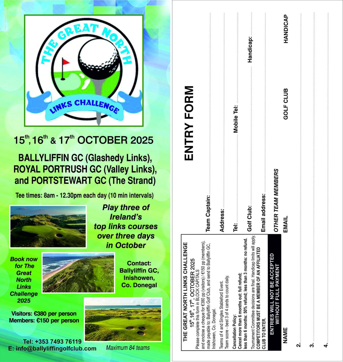 The Great North Links Challenge 2025 October 15th-17th Glashedy Links, The Strand and The Valley - Limited tee times still available - Contact Ballyliffin to book your team +353749376119