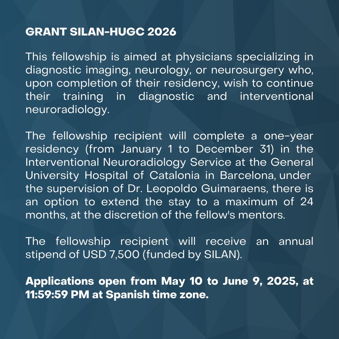 SILAN (@silan_neurorad) on Twitter photo 🧠 Beca SILAN-HUGC 2026
Postulaciones: del 10 de mayo al 9 de junio de 2025
👉 Más información y requisitos: silan.org
#BecaSILAN #Neurorradiología 🧠 Beca SILAN-HUGC 2026
Postulaciones: del 10 de mayo al 9 de junio de 2025
👉 Más información y requisitos: silan.org
#BecaSILAN #Neurorradiología