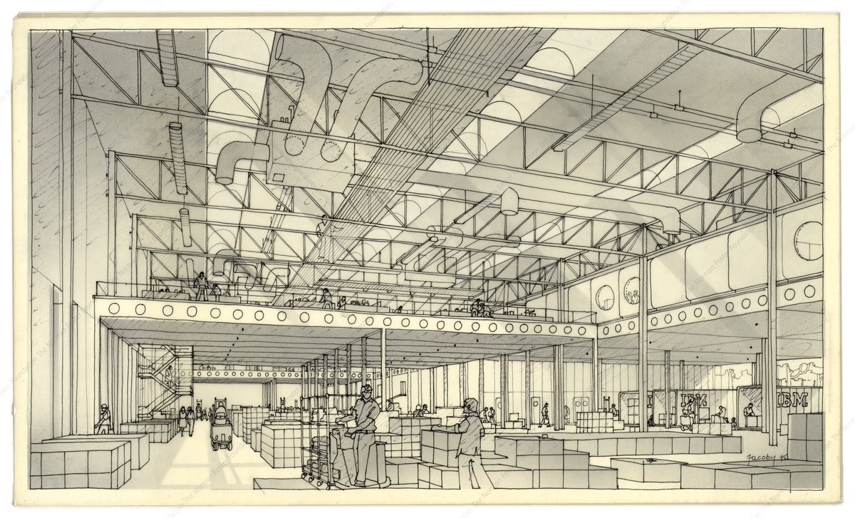 Perspective, IBM Distribution Centre, Greenford 
1975
Norman Foster and Partners

From Norman Foster Foundation Archive