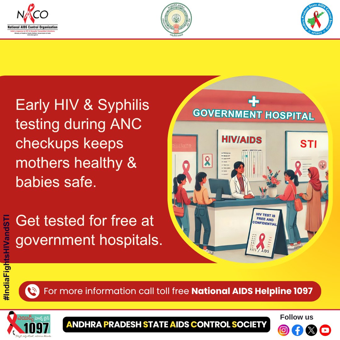 APSACS2020's tweet image. Early HIV &amp;amp; Syphilis testing during ANC checkups
💖 keeps mothers healthy &amp;amp; babies safe.
✅ Get tested for FREE at your nearest government hospital.
#IndiaFightsHIVandSTI #EarlyTesting #HIVAwareness #SyphilisTesting #AntenatalCare #SafeMotherhood #FreeTesting #ProtectYourBaby