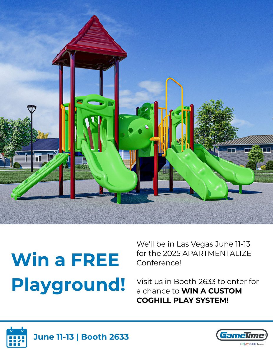 One more week until APARTMENTALIZE 2025! 🏘️

During the conference, you can enter for a chance to WIN A CUSTOM COGHILL PLAY SYSTEM! The unit featured in our booth will be shipped to the winner after the show.

➡️ Visit us in Booth 2633 to enter!