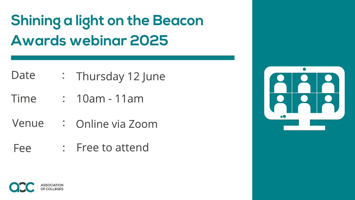 Association of Colleges (AoC) (@aoc_info) on Twitter photo Don't miss out on our shining a light on the Beacon Awards webinar this June. Attend this online event to gain insights from the Chief Assessor and take part in a live Q&A session.
Book your place now:
aoc.co.uk/events-trainin… Don't miss out on our shining a light on the Beacon Awards webinar this June. Attend this online event to gain insights from the Chief Assessor and take part in a live Q&A session.
Book your place now:
aoc.co.uk/events-trainin…