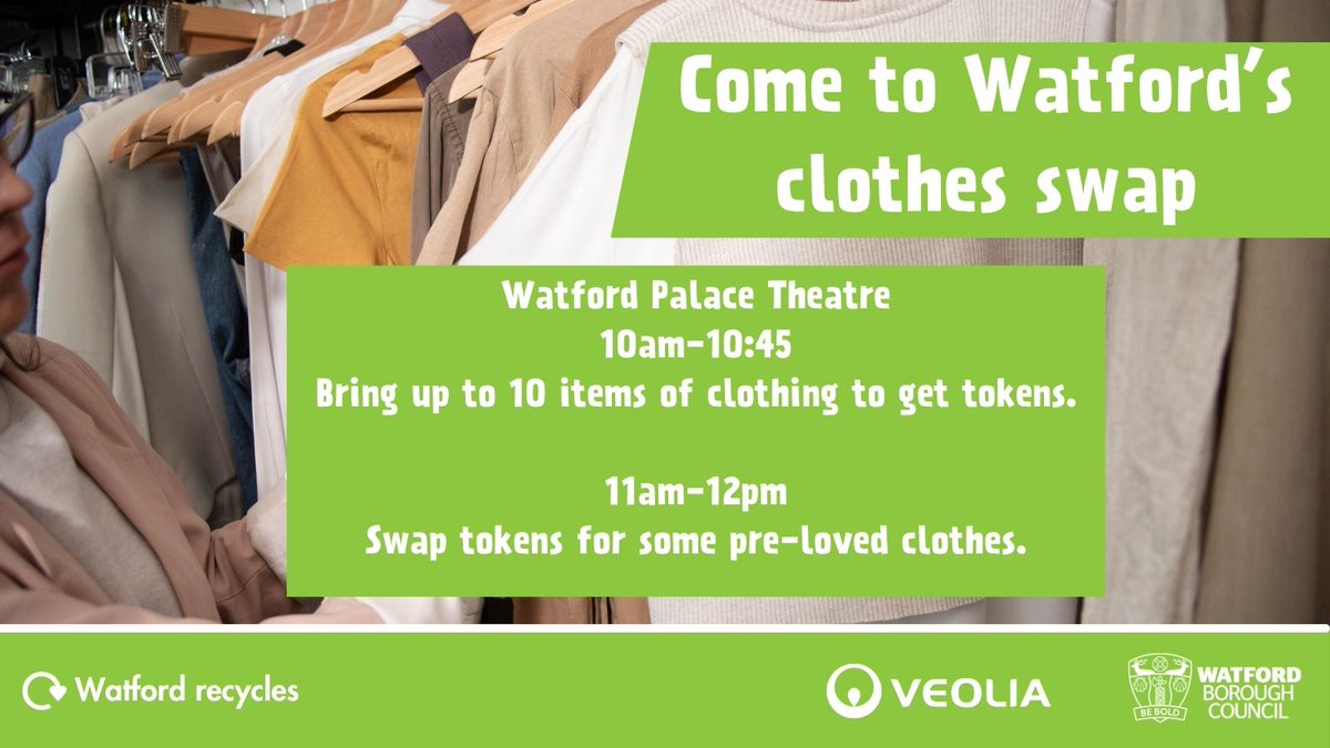 Got clothes you no longer wear? 👚✨

Swap them for something fresh (and new-to-you!) ♻️

Join our fun Clothes Swap with <a href="/VeoliaUK/">Veolia UK</a> this #GreatBigGreenWeek!

💚 Grab your FREE ticket now: shorturl.at/5Morl

<a href="/HertsWasteAware/">WasteAware</a>