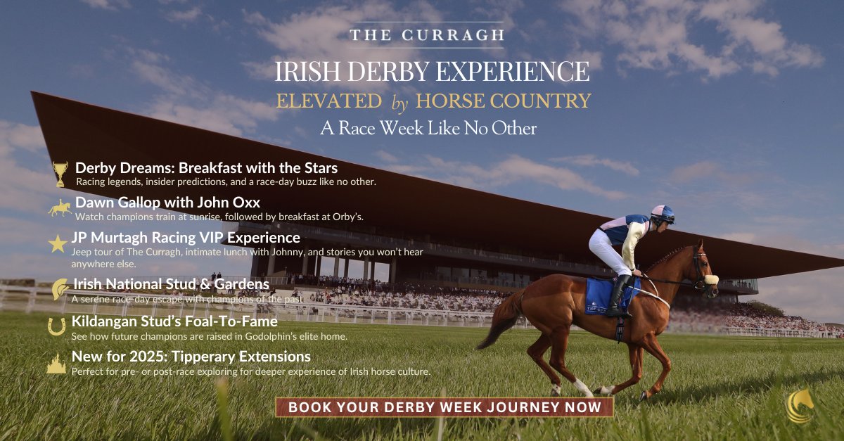 Elevate your #IrishDerby trip with exclusive, behind-the-scenes access to #HorseCountry’s Derby Week experiences.
From racing legends to private stud visits, this is how you do the Derby, differently. 🇮🇪✨
🔗 shorturl.at/Eh30P

#IrishDerby2025 #DerbyWeek #TheCurragh