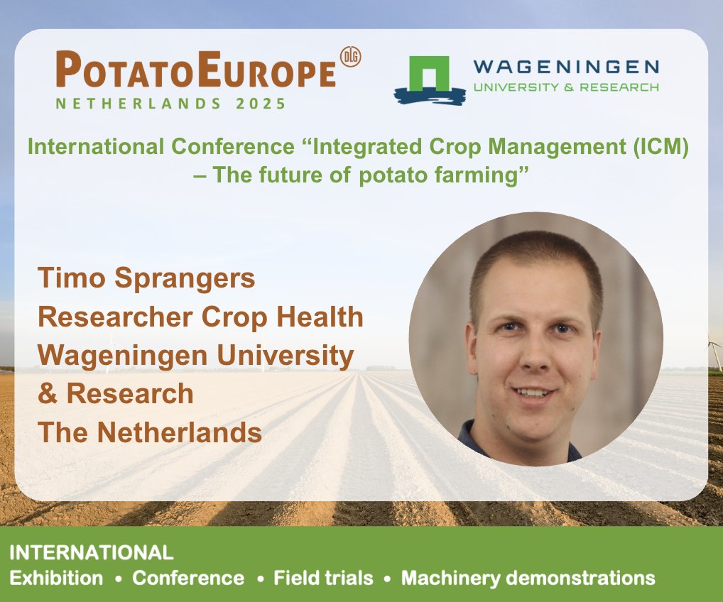 PotatoEurope (@potatoeurope) on Twitter photo 🎤 Speaker Alert: Timo Sprangers, Crop Health Researcher <a href="/WUR/">Wageningen U&R</a>, joins us at #PotatoEurope 2025! 🌱
He’ll share insights on resilient cropping systems & #ICM practices that tackle weeds, pests & diseases in potato farming.
📅 Sept 3 | 📍 PotatoEurope
🔗 potatoeurope.nl/wur-conference/ 🎤 Speaker Alert: Timo Sprangers, Crop Health Researcher <a href="/WUR/">Wageningen U&R</a>, joins us at #PotatoEurope 2025! 🌱
He’ll share insights on resilient cropping systems & #ICM practices that tackle weeds, pests & diseases in potato farming.
📅 Sept 3 | 📍 PotatoEurope
🔗 potatoeurope.nl/wur-conference/