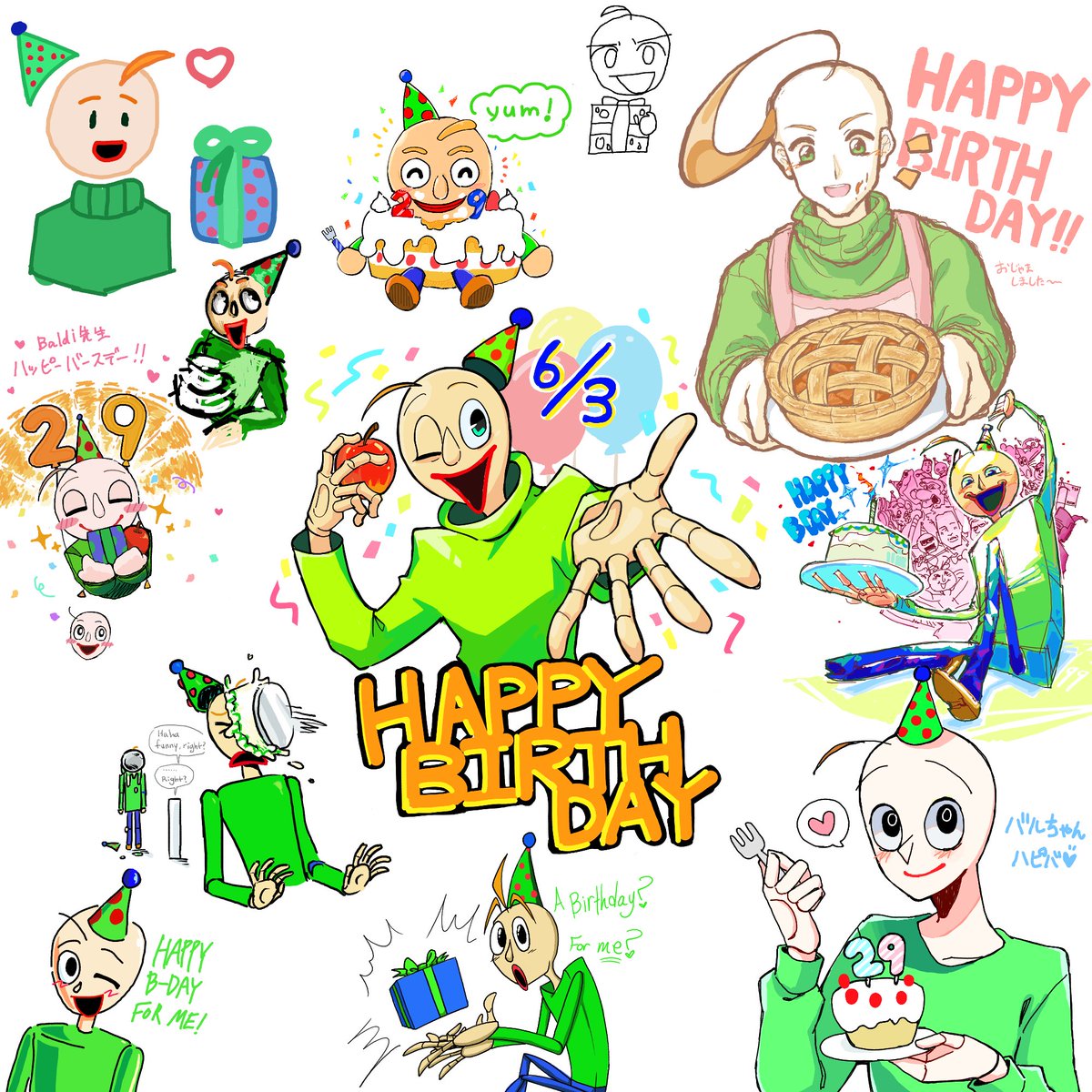 🎂HAPPY BIRTHDAY BALDI!!🎉 #BaldisBasics

So many amazing artists gathered to celebrate Baldi—thank you all so much for being a part of it!!💖✨