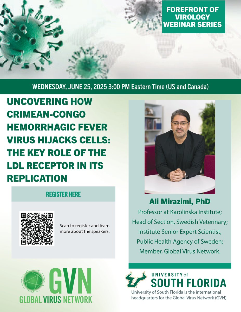 Virology Tweets (@virologyj) on Twitter photo 🧬 Don’t miss the next Forefront of Virology Webinar on June 25 at 3 PM ET!
Discover how the Crimean-Congo Hemorrhagic Fever Virus hijacks cells via the LDL receptor with expert Dr. Ali Mirazimi from Karolinska Institute.
🔗us02web.zoom.us/webinar/regist…
<a href="/GlobalVirusNews/">Global Virus Network</a> #Virology 🧬 Don’t miss the next Forefront of Virology Webinar on June 25 at 3 PM ET!
Discover how the Crimean-Congo Hemorrhagic Fever Virus hijacks cells via the LDL receptor with expert Dr. Ali Mirazimi from Karolinska Institute.
🔗us02web.zoom.us/webinar/regist…
<a href="/GlobalVirusNews/">Global Virus Network</a> #Virology