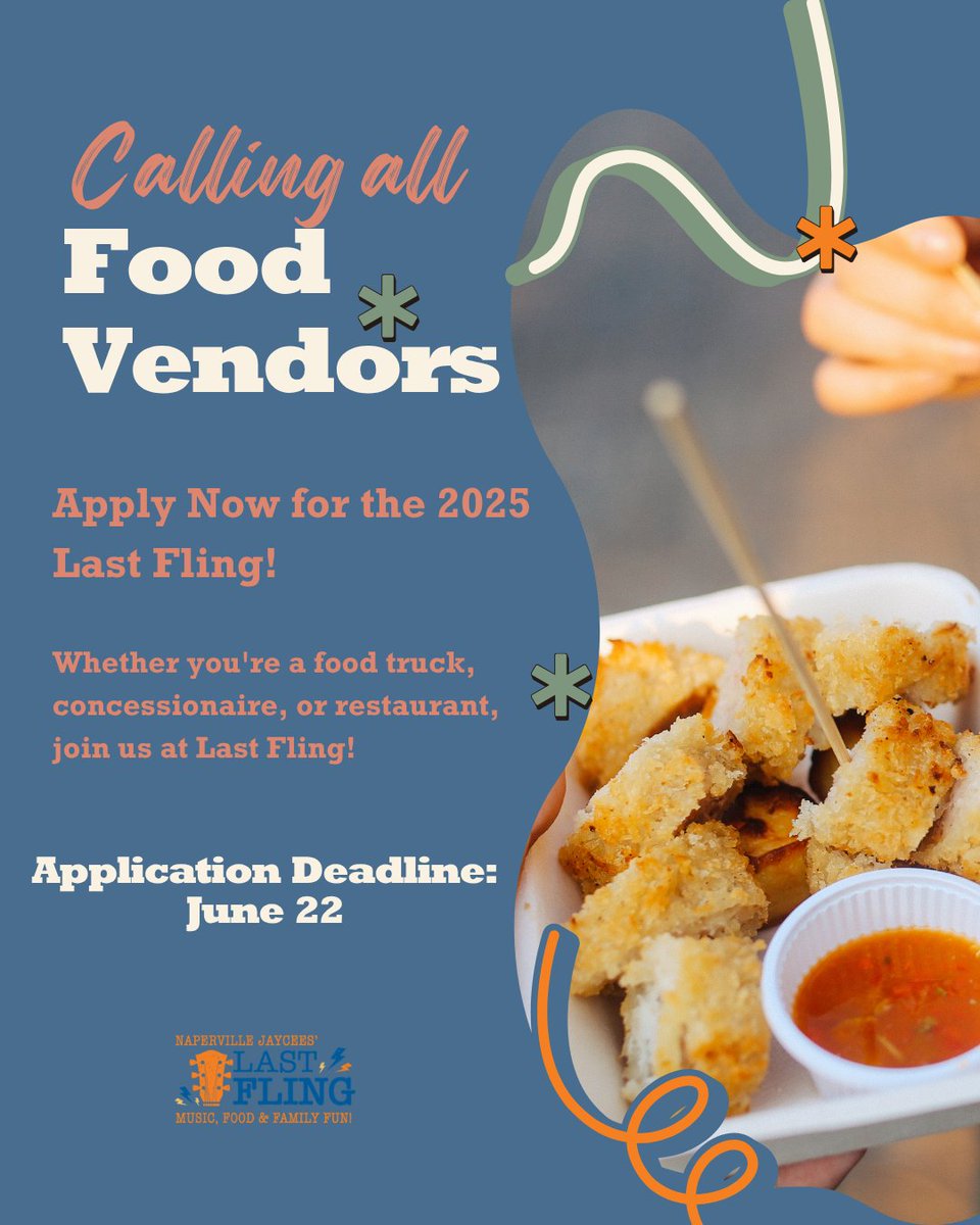 🍔🌭Apply Now for the 2025 Last Fling! 🌭🍔

The Jaycees are accepting Food Vendor Applications. Join us 8/29 - 9/1 for a weekend of live music, delicious food, and carnival fun!

Info at lastfling.org/FoodVendors. 
#LastFling2025 #FoodVendors #NapervilleEvents