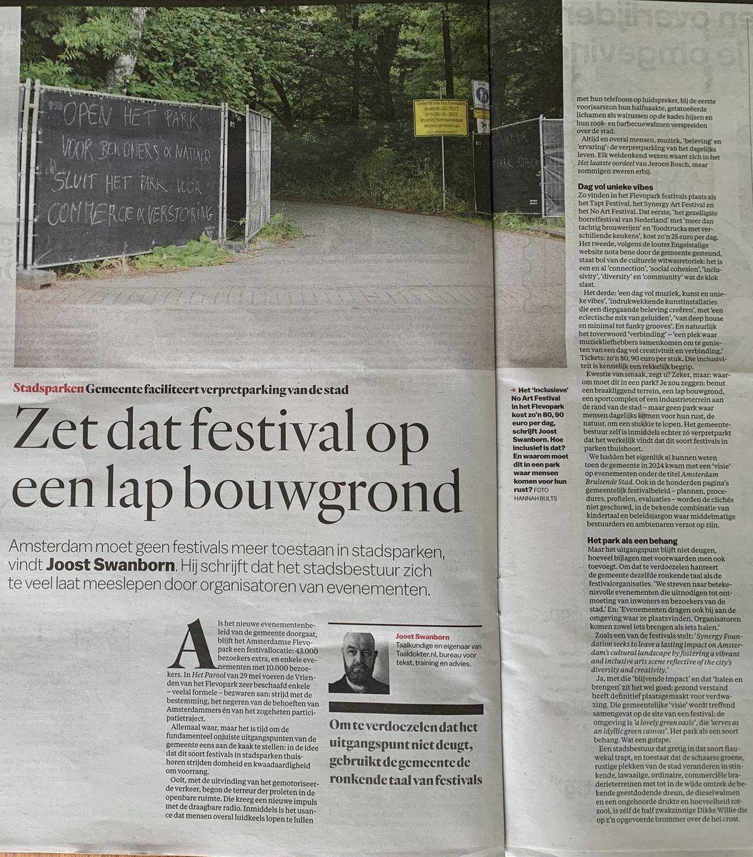 Taaldokter (@taaldokter) on Twitter photo Uw lijfarts heden in het <a href="/parool/">Het Parool</a> over de bekende combinatie van kindertaal en beleidsjargon waar middelmatige bestuurders en ambtenaren verzot op zijn - ditmaal als excuus om stadsparken te veranderen in ordinaire braderieterreinen.
parool.nl/columns-opinie… Uw lijfarts heden in het <a href="/parool/">Het Parool</a> over de bekende combinatie van kindertaal en beleidsjargon waar middelmatige bestuurders en ambtenaren verzot op zijn - ditmaal als excuus om stadsparken te veranderen in ordinaire braderieterreinen.
parool.nl/columns-opinie…