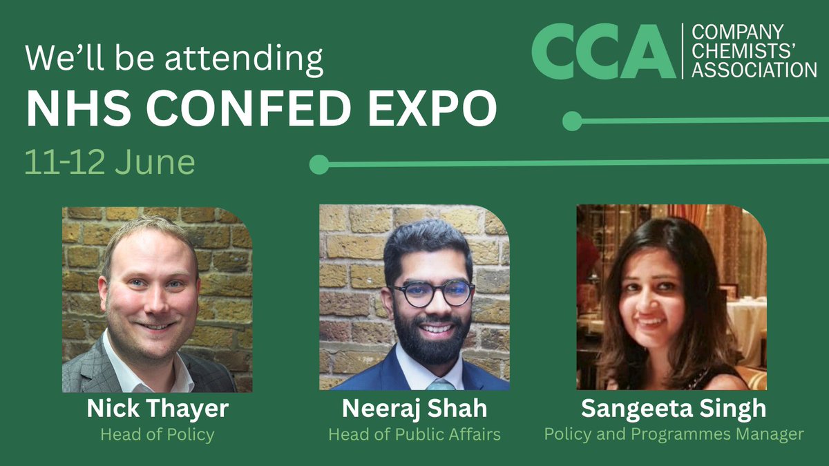 Company Chemists' Association (@ccapharmacy) on Twitter photo We'll be at <a href="/NHSConfed/">NHS Confederation</a> Expo on 11-12 June! We look forward to connecting with other healthcare leaders, so if you're going to #NHSConfedExpo be sure to connect with the CCA team. We hope to see you there! We'll be at <a href="/NHSConfed/">NHS Confederation</a> Expo on 11-12 June! We look forward to connecting with other healthcare leaders, so if you're going to #NHSConfedExpo be sure to connect with the CCA team. We hope to see you there!