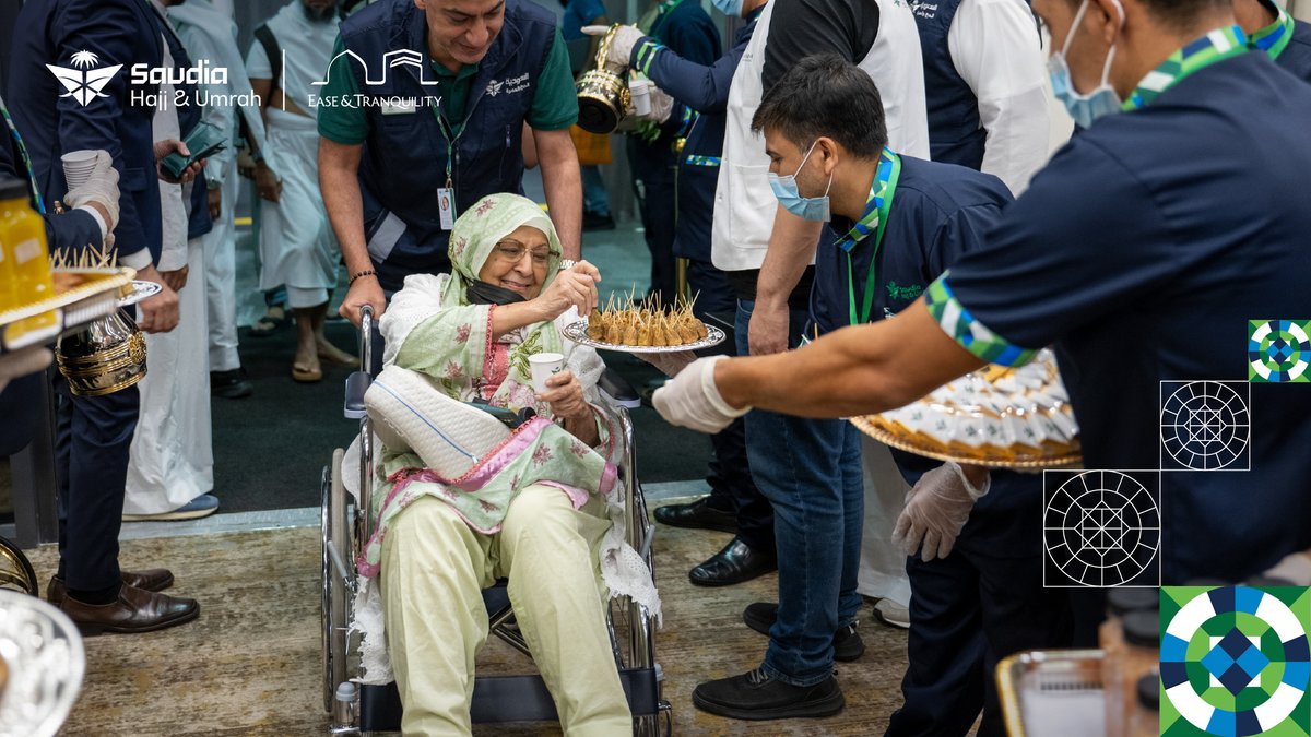SaudiaHajjUmrah's tweet photo. Highlights from the warm welcome at #SaudiaHajjUmrah’s Mina facility, where pilgrims begin their Hajj journey in an atmosphere of comfort, care, and exceptional attention to every detail.

#GuestsOfAllah 
#Ease_And_Tranquility
#ServingYouIsAnHonor 
#DirectHajj 
#NusukHajj 
#PathToNusuk