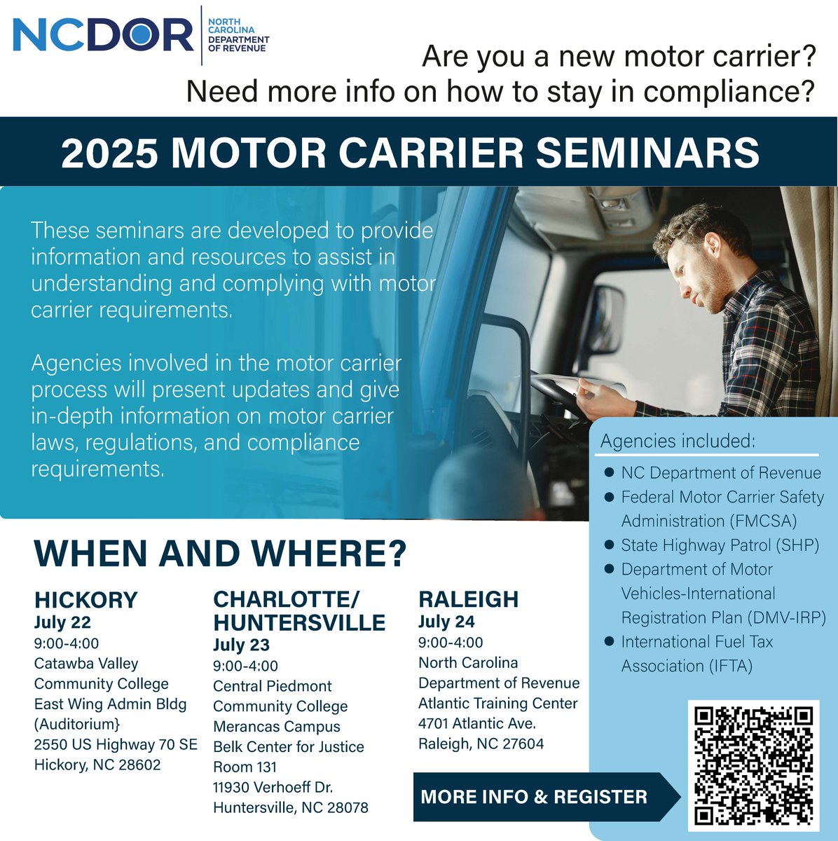 🚛 Coming next month! Join NCDOR, FMCSA, NC Highway Patrol, DMV-IRP &amp; IFTA for the 2025 Motor Carrier Seminar. Get key updates on laws, regs &amp; compliance. Don’t miss it! 🛣️ #MotorCarrierSeminar #TruckSmartNC #NCDOR