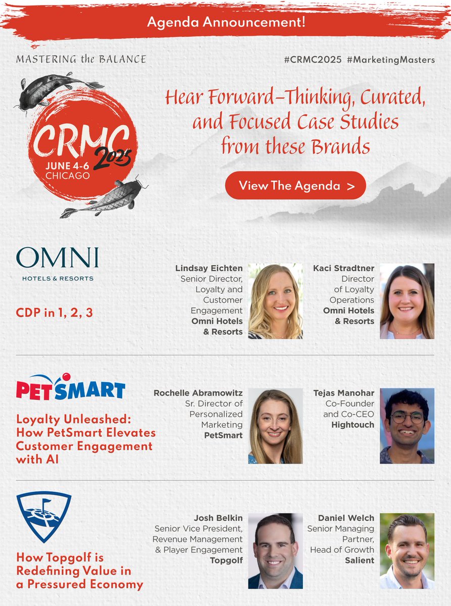 A TOP notch speaker trifecta! 📢 The #MarketingMasters at Omni Hotels &amp; Resorts, PetSmart, and Topgolf are unleashing loyalty insights that will take your marketing game to the next level! ⛳ ⚡ Don't miss it today!

TheCRMC.com/register

#CRMC2025 #CRMC #MasteringTheBalance