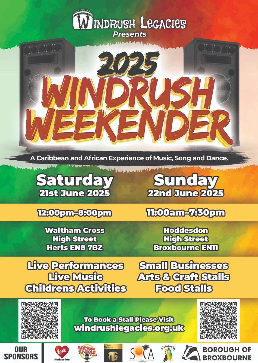 2025 Windrush Weekender. A Caribbean and African experience of music, song and dance 🎶

📅 Saturday 21 June from 12pm to 8pm
📌 Waltham Cross High Street, EN8 7BZ

📅 Sunday 22 June from 11am to 7.30pm
📌 Hoddesdon High Street, EN11